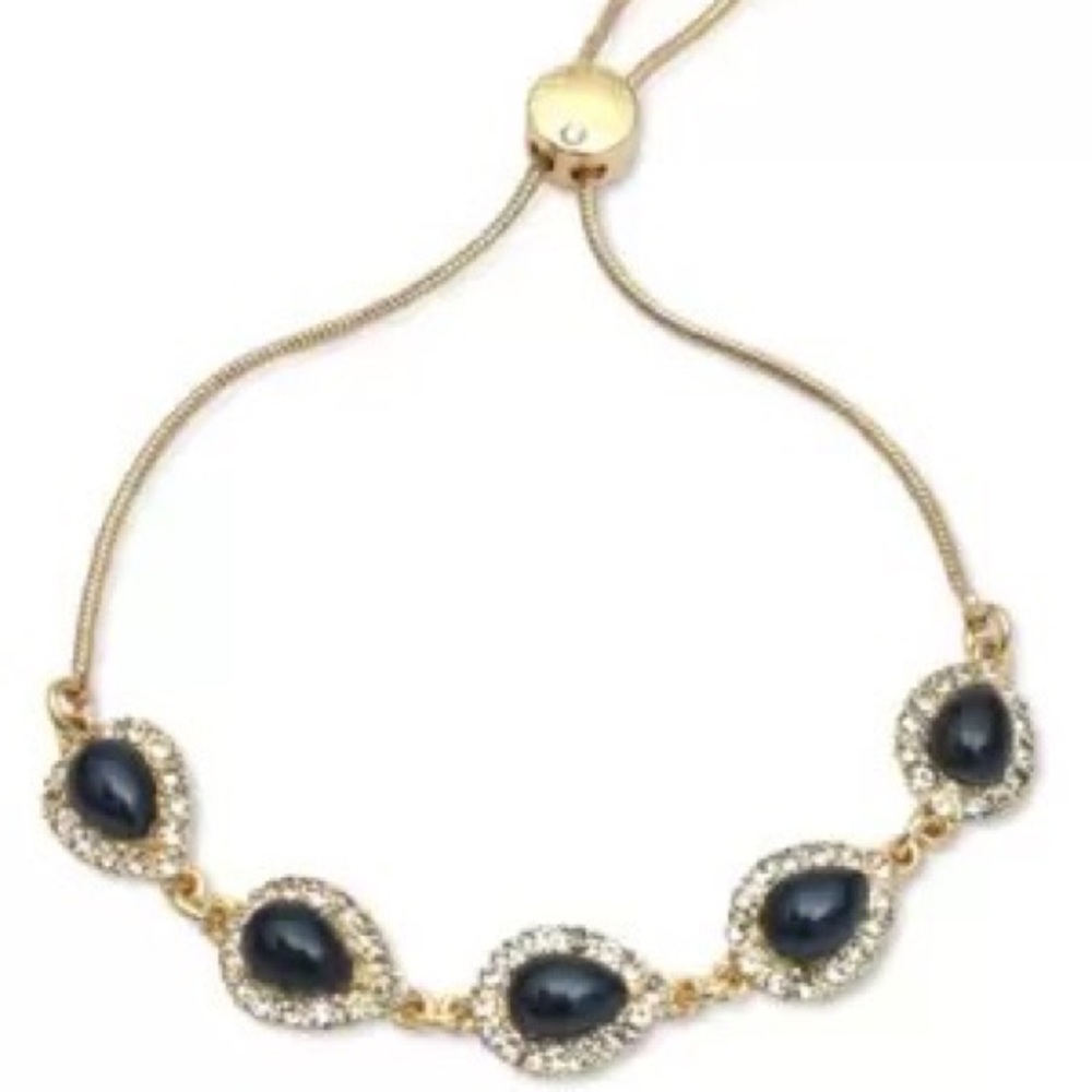 Gold pave and imitation pearl pear shaped halo slider bracelet